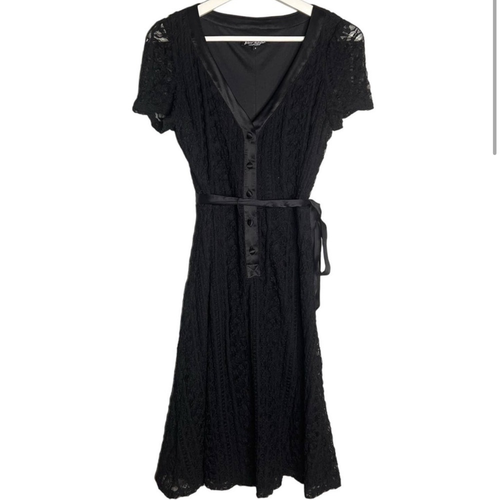 Vintage Betsey Johnson Black Lace V-Neck Short Sleeve Belted Dress Size S